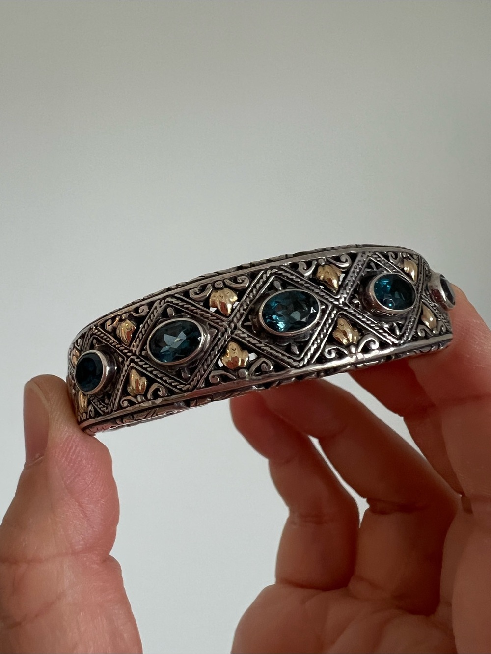 925 Silver & 18K Yellow Gold Topaz Bali Cuff Bracelet Robert Manse  37g Small